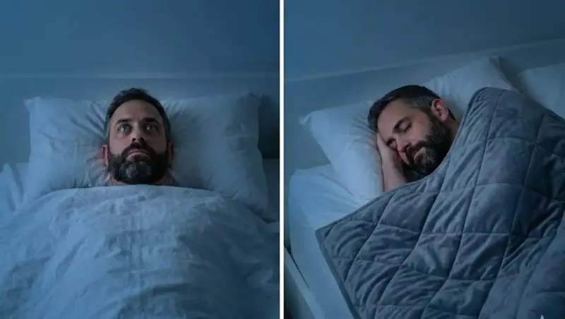 Same sleeper before and after using a Velin weighted blanket