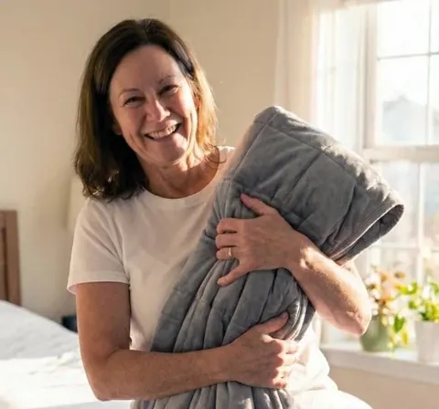 Velin owner hugging a weighted blanket