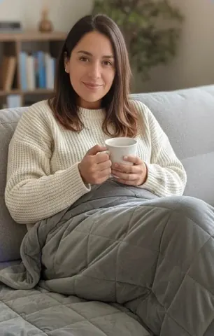 Velin owner on the sofa with a mug
